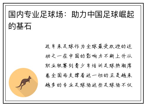 国内专业足球场：助力中国足球崛起的基石