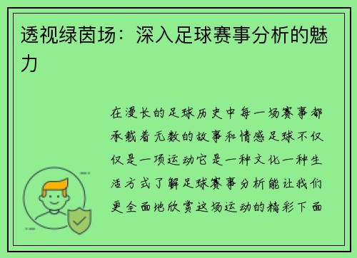 透视绿茵场：深入足球赛事分析的魅力